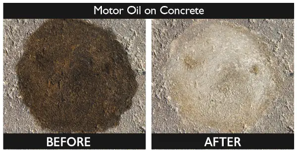 Before and after applying Backrete to motor oil on concrete.
